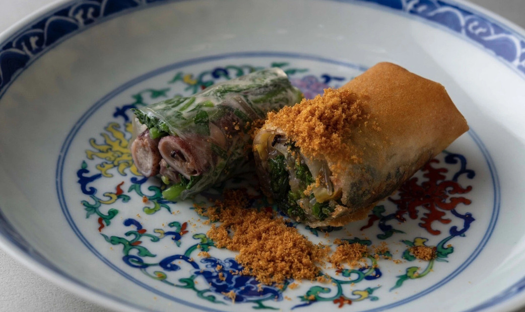 Spring rolls on a colorful plate