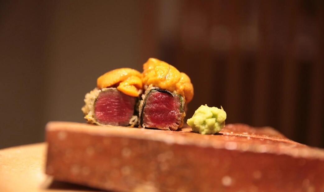 Meat tempura with sea urchin of Tempura Osakaya Sotetsu